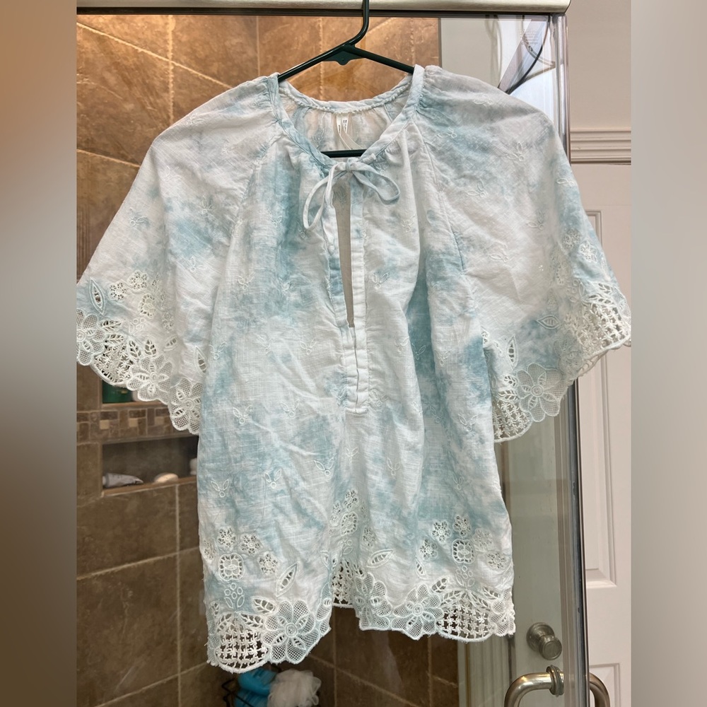 Anthropologie baby blue and white lace blouse